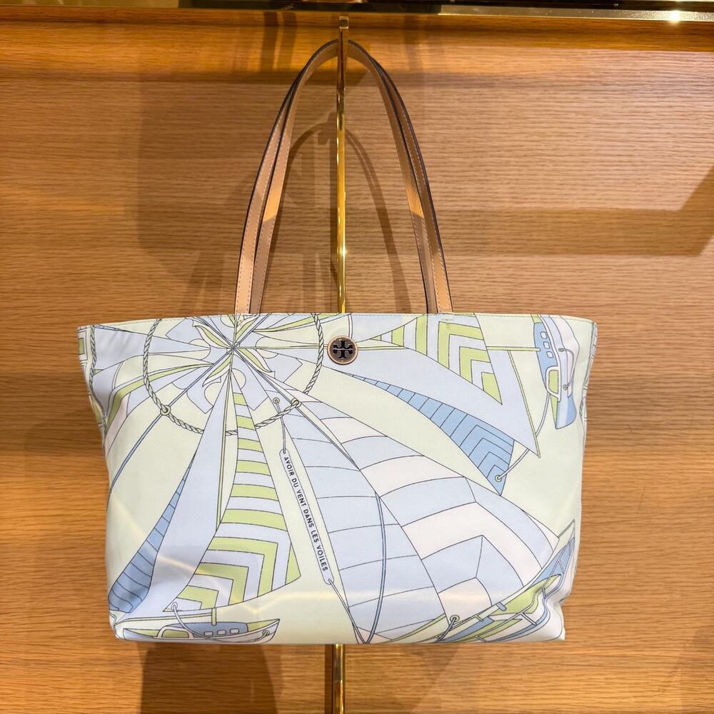 Tory Burch Nylon Printed Small Tote 180305 Mint Sailboat Spiral $295